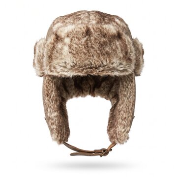 Brown Fluffy Faux Fur Ushanka Hat with Ear Flaps Isolated on White Background