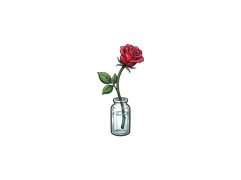 Red Rose With Green Leaves In Clear Glass Vase Isolated On White Background In Hand Drawn Vector Style.eps