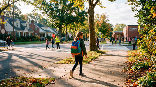 Young boy walking with backpack on suburban sidewalk in autumn