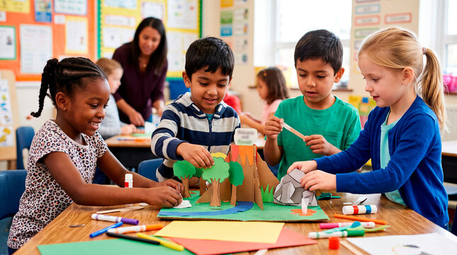 Children Collaborating on Science Project in Classroom