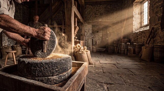 Vintage stone mill grinding grain, traditional miller at work in rustic workshop, cinematic light rays in historic flour mill