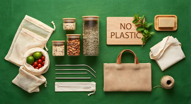 Eco-friendly zero waste lifestyle kit, sustainable no plastic reusable products, organic cotton bags and glass jars on green background