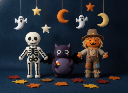 Cute halloween skeleton scarecrow and owl toys with hanging ghost and moon decorations on dark background