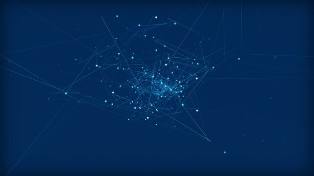 Abstract representation of a dark blue digital network with interconnected glowing nodes and lines, signifying data transfer and communication