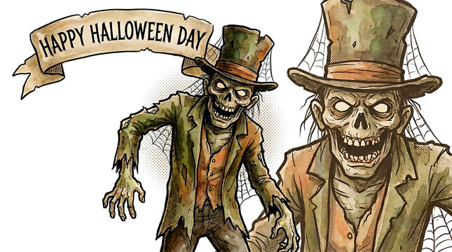 Vintage zombie character wearing top hat with halloween banner isolated on transparent background
