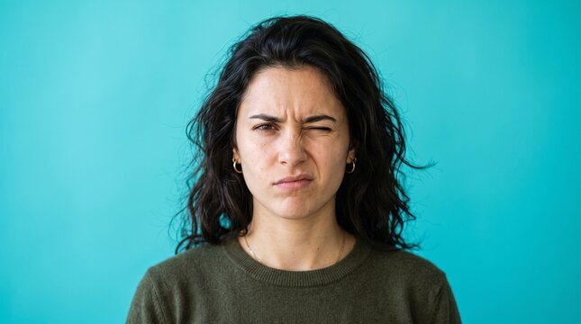 Portrait of a Skeptical Young Woman With Dark Curly Hair Making a Winking Facial Expression Against Blue Background