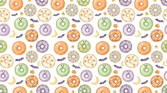 Watercolor halloween donuts seamless pattern isolated on transparent background