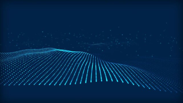 Abstract blue digital wave of glowing light particles representing big data and technology on dark background