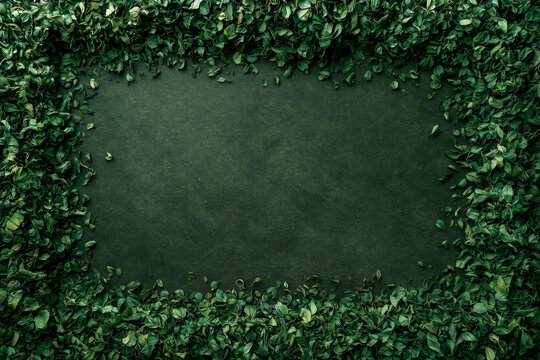 Natural green leaves frame background top view
