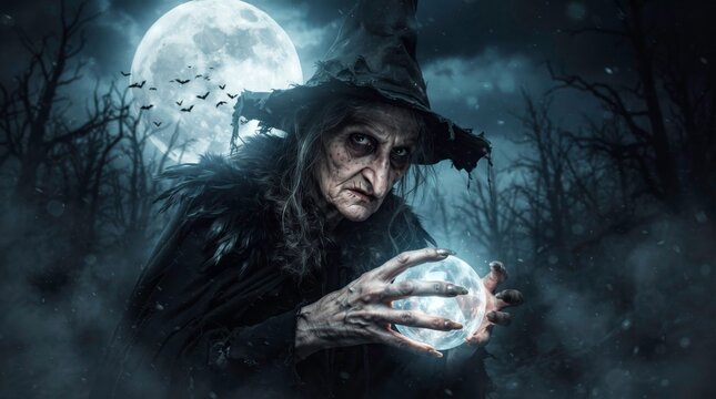 Mysterious Witch and Crystal Ball: An eerie witch with a pointed hat and dark attire holds a glowing crystal ball under a full moon, amidst a spooky forest backdrop.