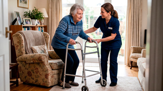 Caregiver Assisting Elderly Woman with Walker in Living Room