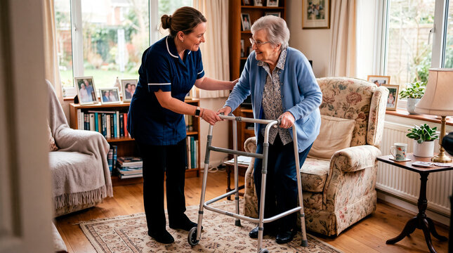 Caregiver Assisting Elderly Woman with Walker at Home