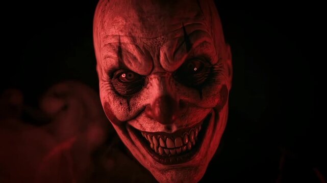 Terrifying evil clown grinning and laughing in the dark with dramatic red lighting