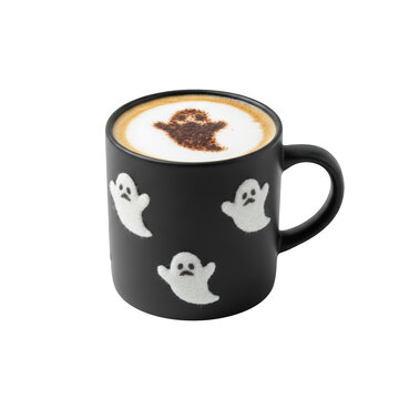 Black coffee mug with cute white ghost patterns and a spooky ghost latte art design for a fun halloween drink