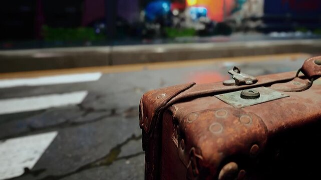 A worn suitcase stands on a cracked street in a busy urban area. The background shows faded buildings and blurred lights. It looks like it has been forgotten or left behind.