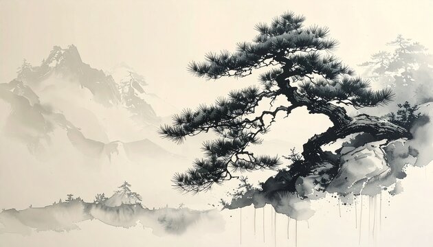 Traditional ink wash painting of pine trees on rocks with misty mountains