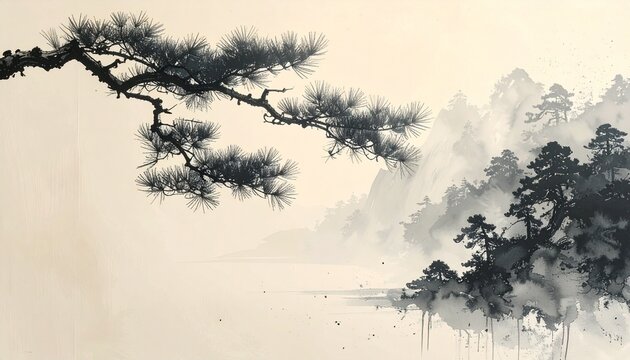 Sumi-e ink painting of a pine branch over a misty lake, minimal Japanese landscape
