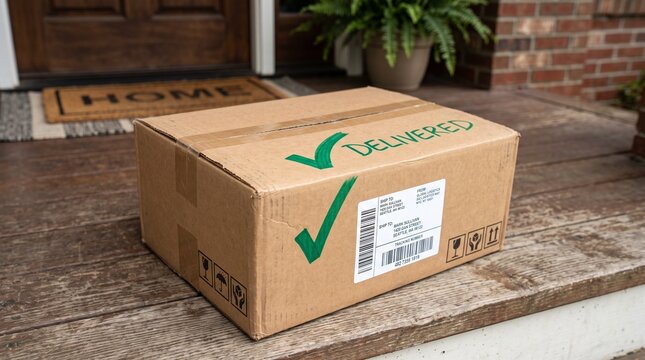 Cardboard delivery package with green checkmark symbol and delivered text sitting on a wooden front porch step at home entrance with a welcome mat in the background for online shopping shipping