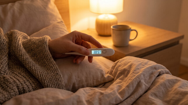 Person in bed checking body temperature with digital thermometer, experiencing fever and illness at home