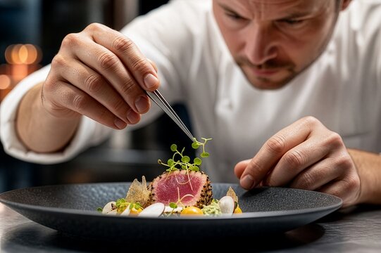 Professional chef adding the final garnish to an elegant gourmet dish, representing precision, craftsmanship and culinary excellence.