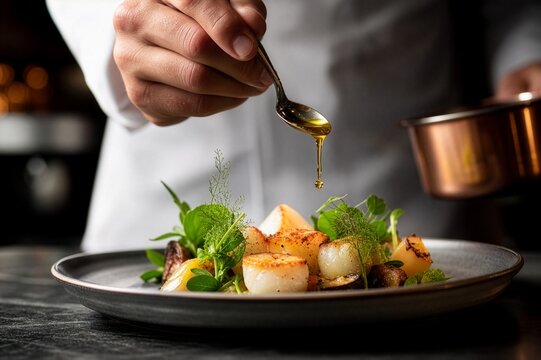 Professional chef finishing a gourmet dish with a delicate drizzle of infused oil, representing precision, craftsmanship and fine dining.