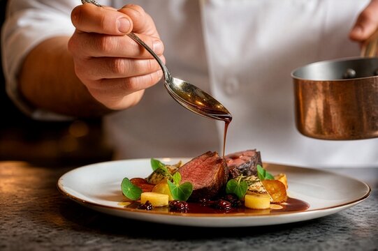 Professional chef glazing an elegant plated dish with glossy sauce, representing precision, craftsmanship, indulgence and fine dining.