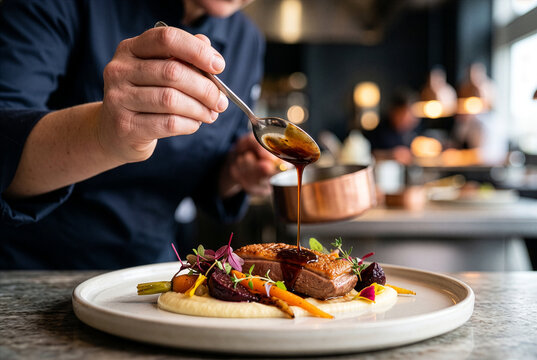 Professional chef glazing an elegant plated dish with glossy sauce, representing precision, craftsmanship, indulgence and fine dining.