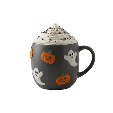 Black halloween mug with pumpkin and ghost pattern filled with hot cocoa and topped with whipped cream