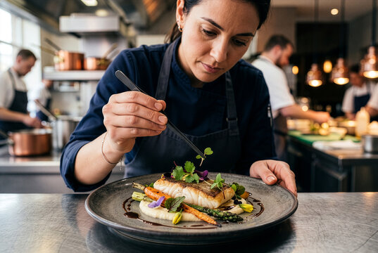 Professional chef adding the final garnish to an elegant gourmet dish, representing precision, craftsmanship and culinary excellence.