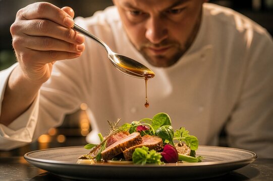 Professional chef adding the final drop of sauce to an elegant plated dish, representing precision, craftsmanship and fine dining.