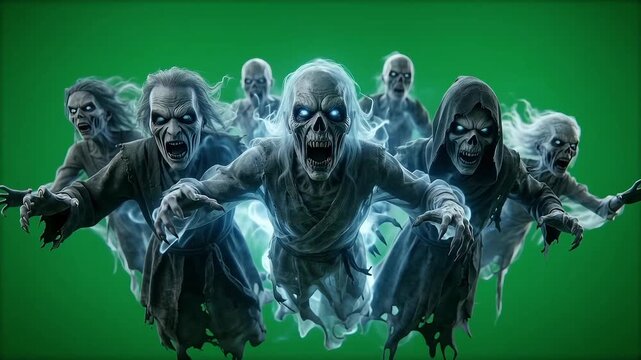 Spooky ghosts and phantoms flying forward reaching out on green screen background