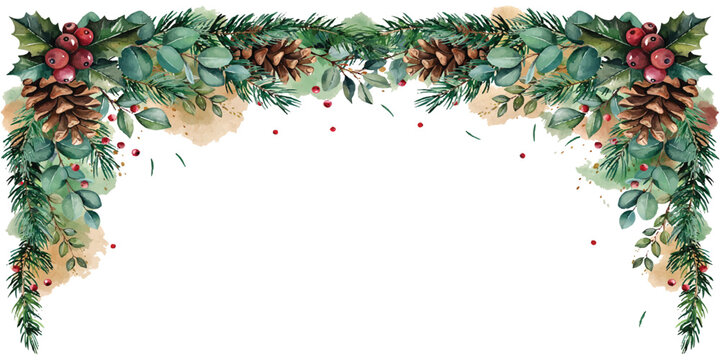 Christmas festive garland border with pine branches holly berries and leaves watercolor style