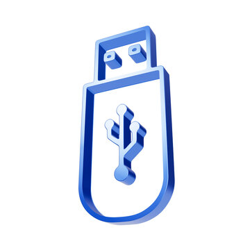 Blue 3d usb flash drive with connector pin and data symbol isolated on dark background, memory storage isolated on a transparent background