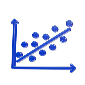 Blue 3d scatter plot graph with regression trend line, axis arrows, and data points chart statistics isolated on a transparent background