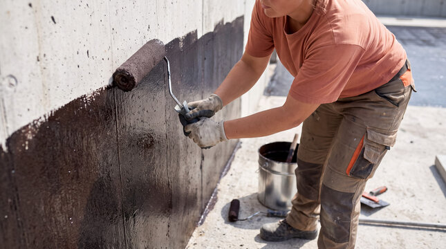 Worker applying waterproofing coating on a concrete foundation wall with a paint roller, sealing exterior surfaces