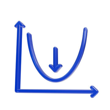 Blue glossy 3d mathematical graph with a parabola curve and a downward arrow symbol inside chart mathematics isolated on a transparent background