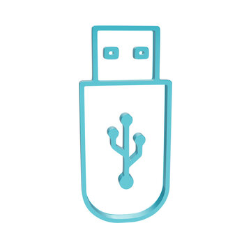 Cyan glossy 3d usb flash drive memory stick with connector pins on dark storage isolated on a transparent background