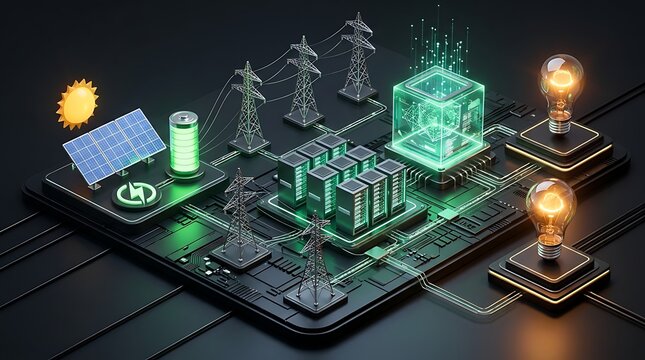 Smart energy infrastructure concept featuring solar panels battery bank data servers power lines and light bulbs on electronic board.