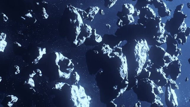 A group of asteroids is floating in space. They are surrounded by stars and the dark background of the universe. The scene shows various sizes and shapes of rocks.
