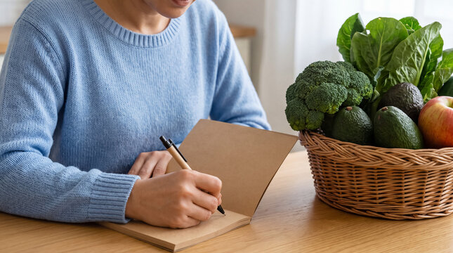 Woman planning healthy meal for diet or nutrition program, writing shopping list for fresh produce