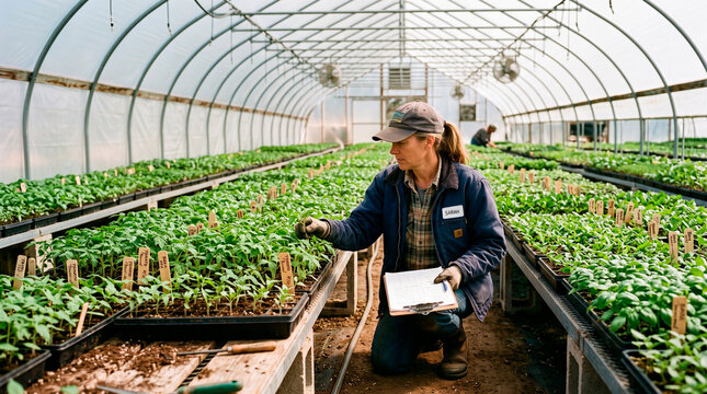 Farmer inspecting seedlings in a greenhouse for healthy growth