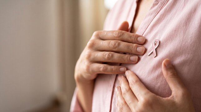 Close up of Woman Hands on Chest with Pink Ribbon Pin for Breast Cancer Awareness, Performing Self Examination for Early Oncology Prevention and Health