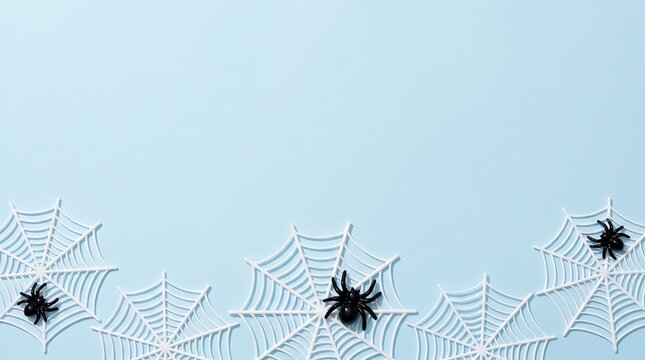 Flat lay view of plastic black spider decorations on white spider webs arranged on a solid light blue background for halloween holiday