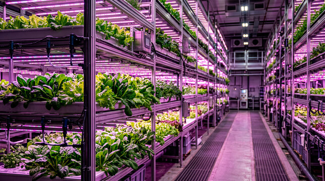Indoor vertical farming facility with lush green plants and LED lighting