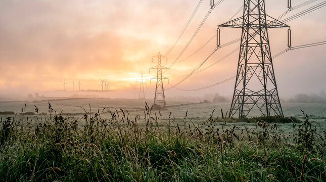 Transmission towers crossing foggy landscape at sunrise