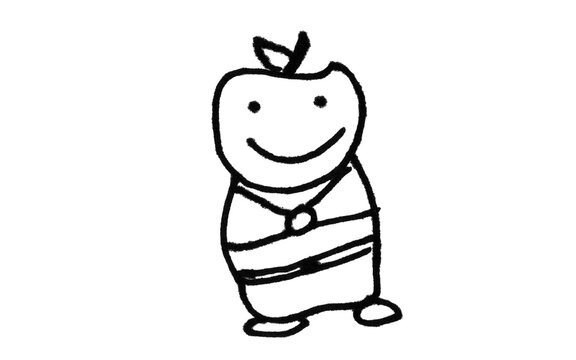 Apple Character Doodle &mdash; Cute Cartoon Fruit Person, Hand-Drawn Minimal Black Outline for Photoshop & Illustrator