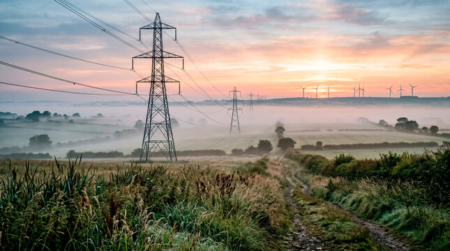 High-voltage transmission towers crossing rural landscape at sunrise