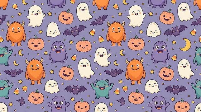 Seamless pattern with cute cartoon ghosts pumpkins and bats on a purple background for halloween celebration design
