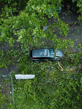 Aerial view of a car damaged by a fallen tree after a severe storm with debris scattered on the ground in Riga, Latvia.