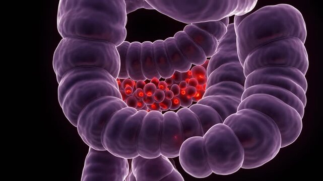 3D medical visualization of the human colon with internal inflammation or disease.
